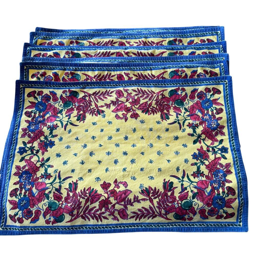 French Country Provencal Flowers Honeybees Blue Yellow Red Placemats Set of 6